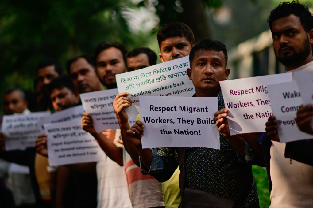Bangladeshi workers who were employed by Malaysian companies protest in Dhaka last year demanding unpaid wages, fair compensation and an end to alleged abuse by Malaysian employers. Photo: AP