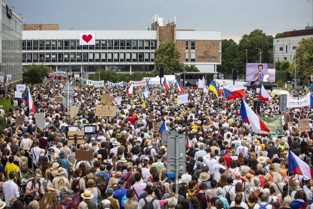 People take part in a protest in support of public service media outside Czech Television headquarters in Prague, Czech Republic on Sunday. Photo: EPA