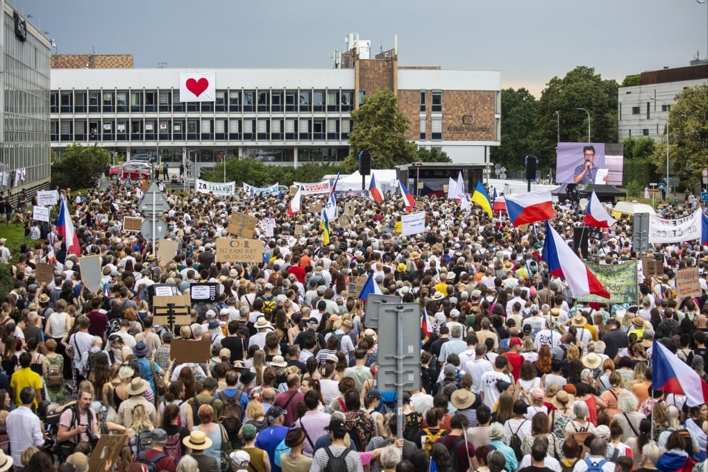 People take part in a protest in support of public service media outside Czech Television headquarters in Prague, Czech Republic on Sunday. Photo: EPA