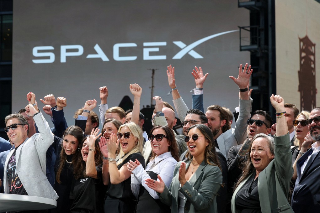 SpaceX executives and guests celebrate its initial public offering at the Nasdaq MarketSite in New York on June 12. Photo: Reuters