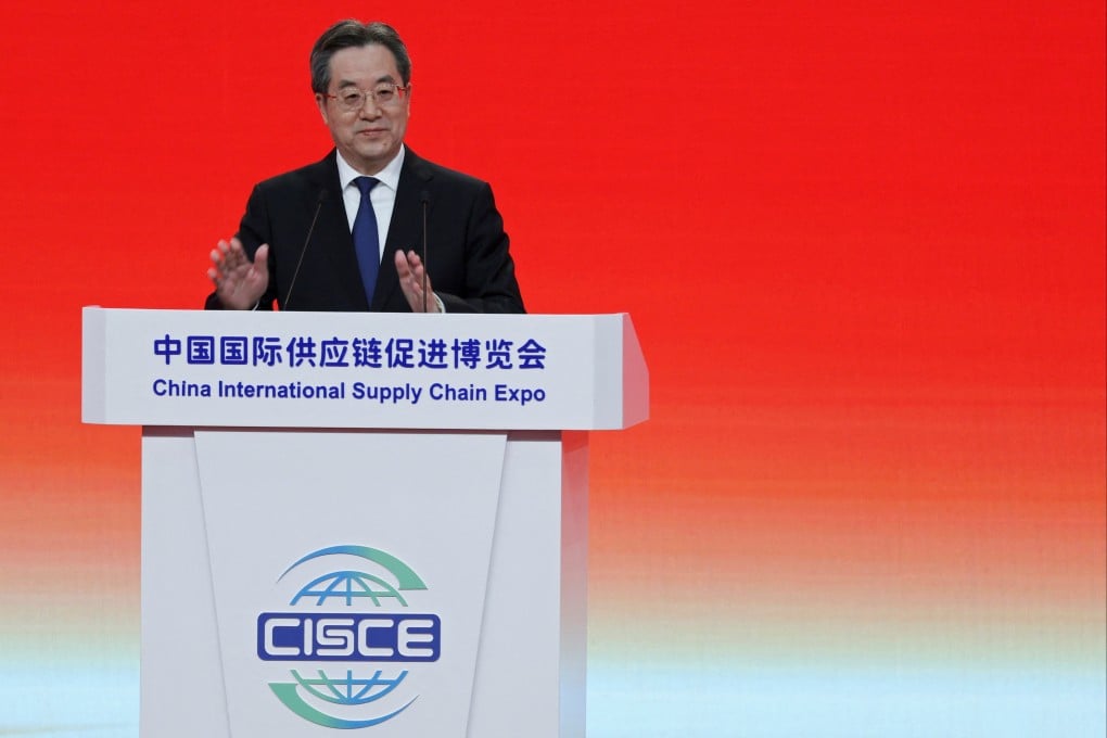 Vice-Premier Ding Xuexiang at the end of his speech during the opening ceremony for the fourth China International Supply Chain Expo in Beijing on Monday. Photo: Reuters