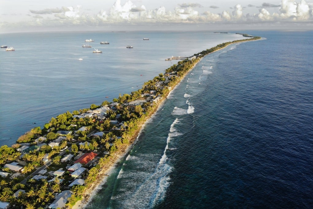 An aerial view of a strip of land in Funafuti, Tuvalu, in 2019. The low-lying South Pacific island nation of about 11,000 people is extremely vulnerable to climate change. Photo: Getty Images