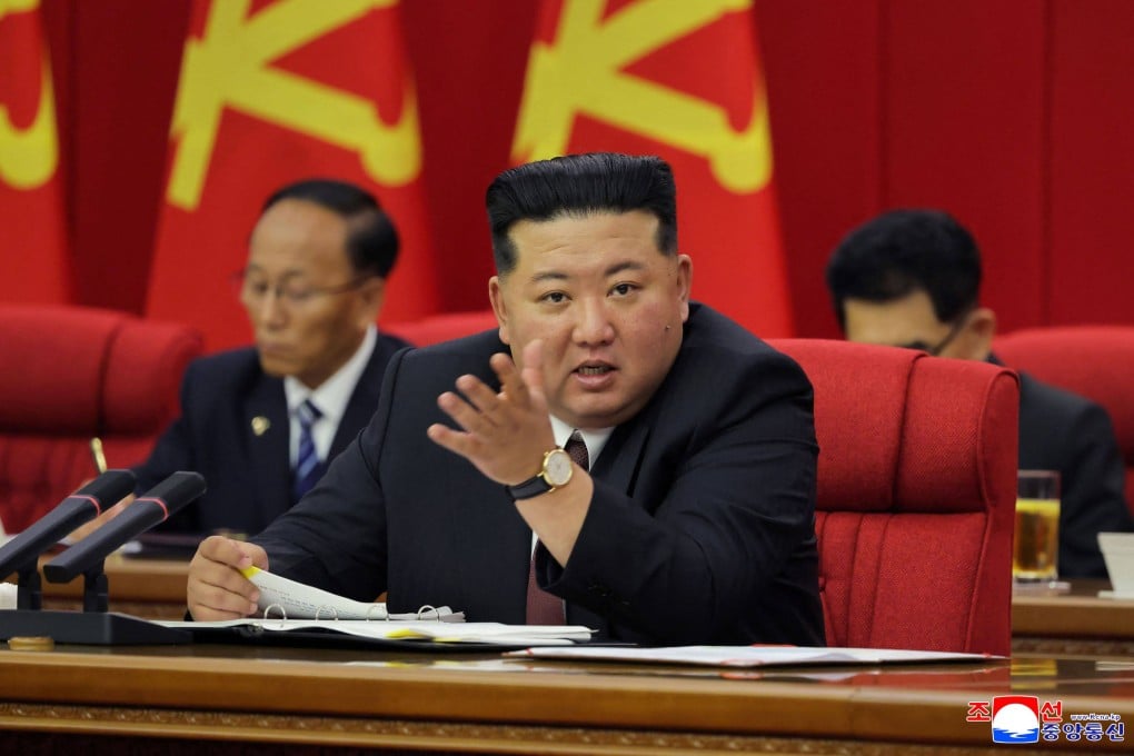 North Korean leader Kim Jong-un speaks at a ruling party meeting in North Pyongan province. Photo: KCNA via KNS/AFP