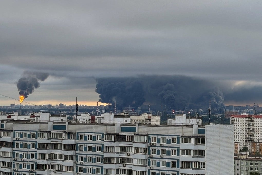 Plumes of smoke and flames rise from an oil refinery following an apparent Ukrainian drone strike on Moscow, Russia, on Thursday. Photo: Social media via Reuters