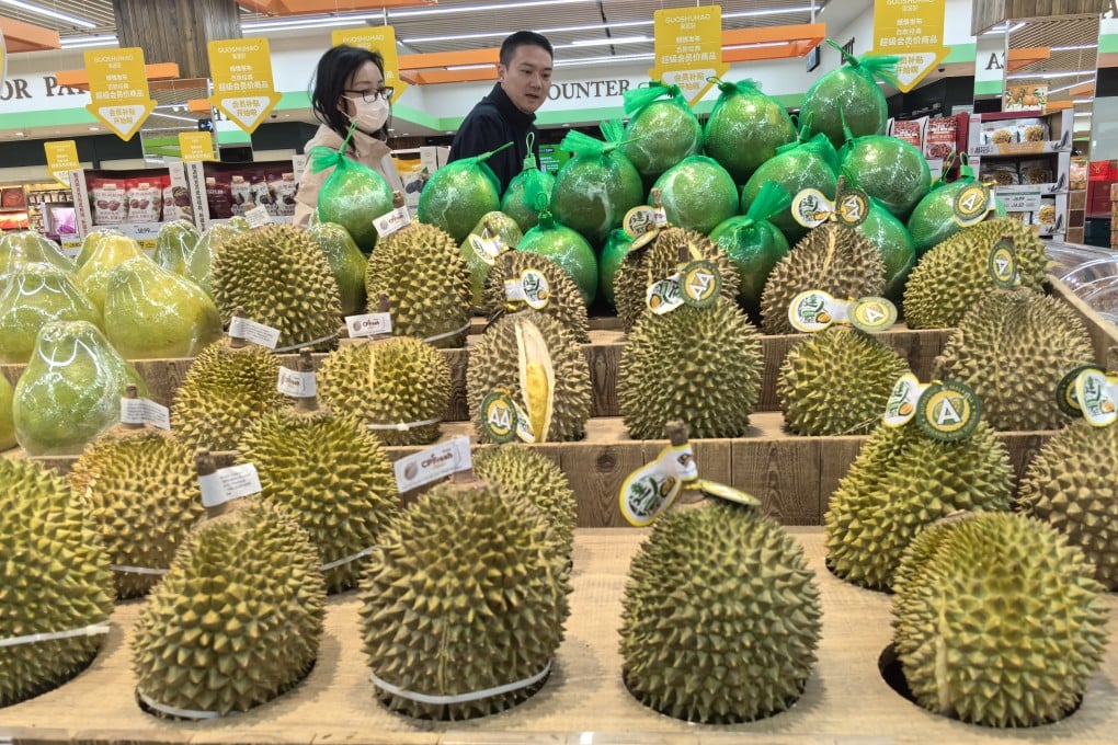 Musang King durians from Malaysia are displayed for sale at a supermarket in Beijing, China. Photo: Simon Song