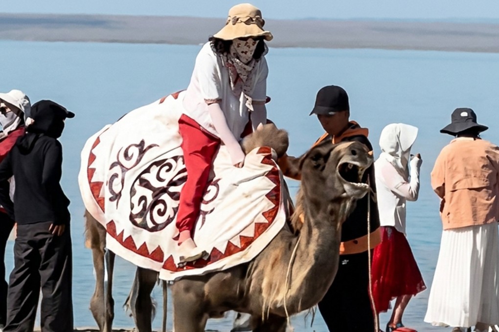 A camel at a popular tourist site in China was spotted crying out in distress while carrying a visitor, sparking widespread outrage online. Photo: Douyin
