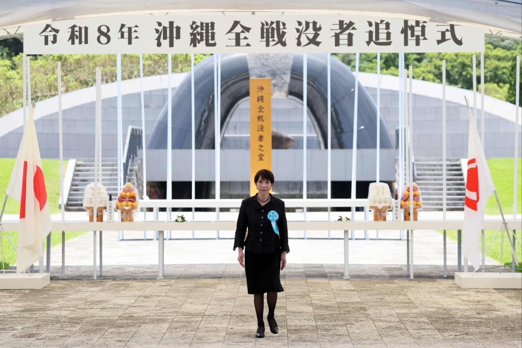 Japanese Prime Minister Sanae Takaichi attends a World War II memorial event in Itoman, Okinawa, on Tuesday. Photo: EPA/JIJI Press