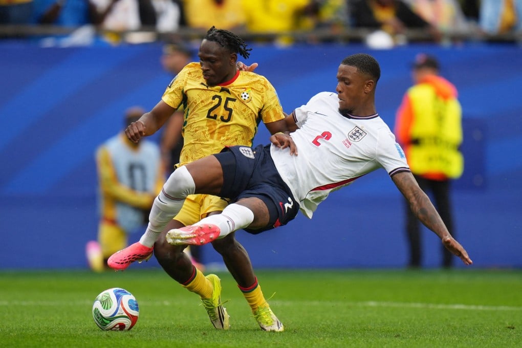 England defender Ezri Konsa (right) was lucky not to give away a penalty against Ghana with a reckless challenge in the box. Photo: Reuters