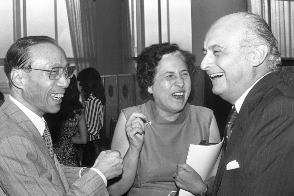 (From right) Arnaldo de Oliveira Sales, Chairman of the Urban Council; Mrs Sales; and Sir Run Run Shaw of the Shaw Brothers sharing a joke at the opening of the first Hong Kong International Film Festival on June 27, 1977. Photo: C.Y Yu