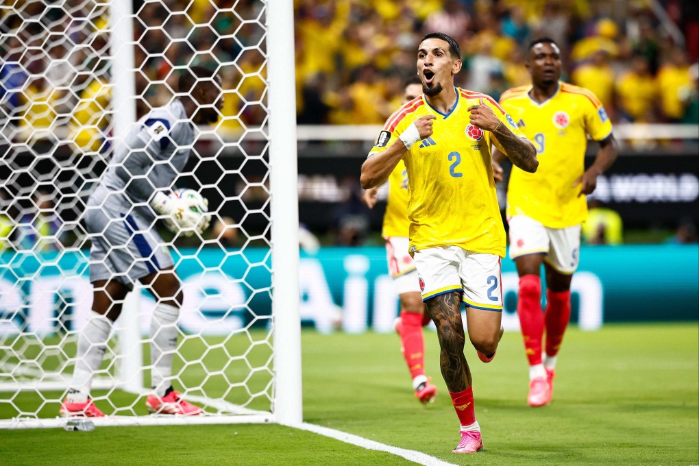 Colombia defender Daniel Munoz celebrates scoring his side’s winner against DR Congo. Photo: AFP