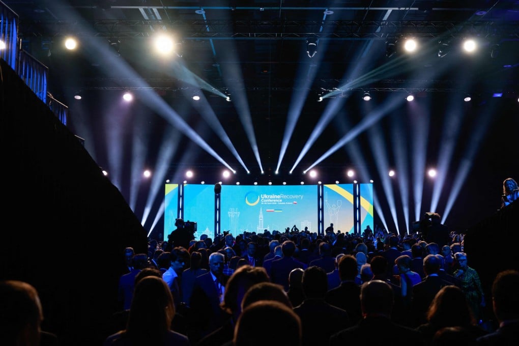 The hall in which the Ukraine Recovery Conference is held in Gdansk, Poland. The event is both a fundraising forum and a message to Russia that Ukraine’s Western supporters are in it for a long haul. Photo: AFP