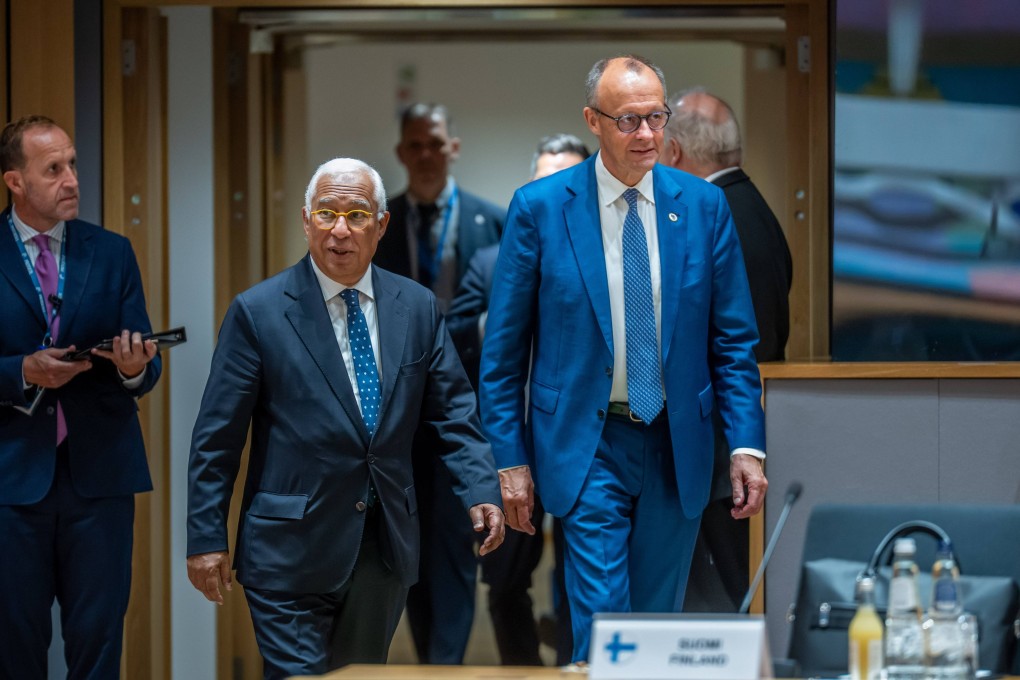 European Council President Antonio Costa (second left) walks with German Chancellor Friedrich Merz amid discussions on the EU budget for 2028, in Brussels, Belgium, on June 19. Photo: dpa