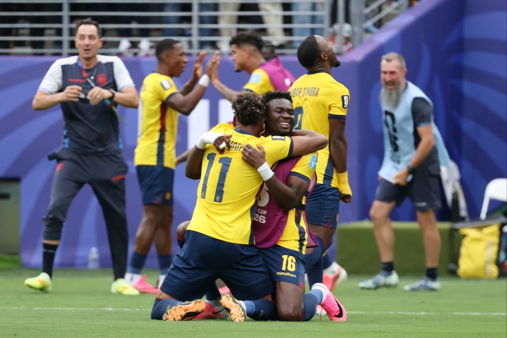 Ecuador’s Kevin Rodriguez (left) and Jordy Caicedo celebrate during their remarkable win over Germany. Photo: AP