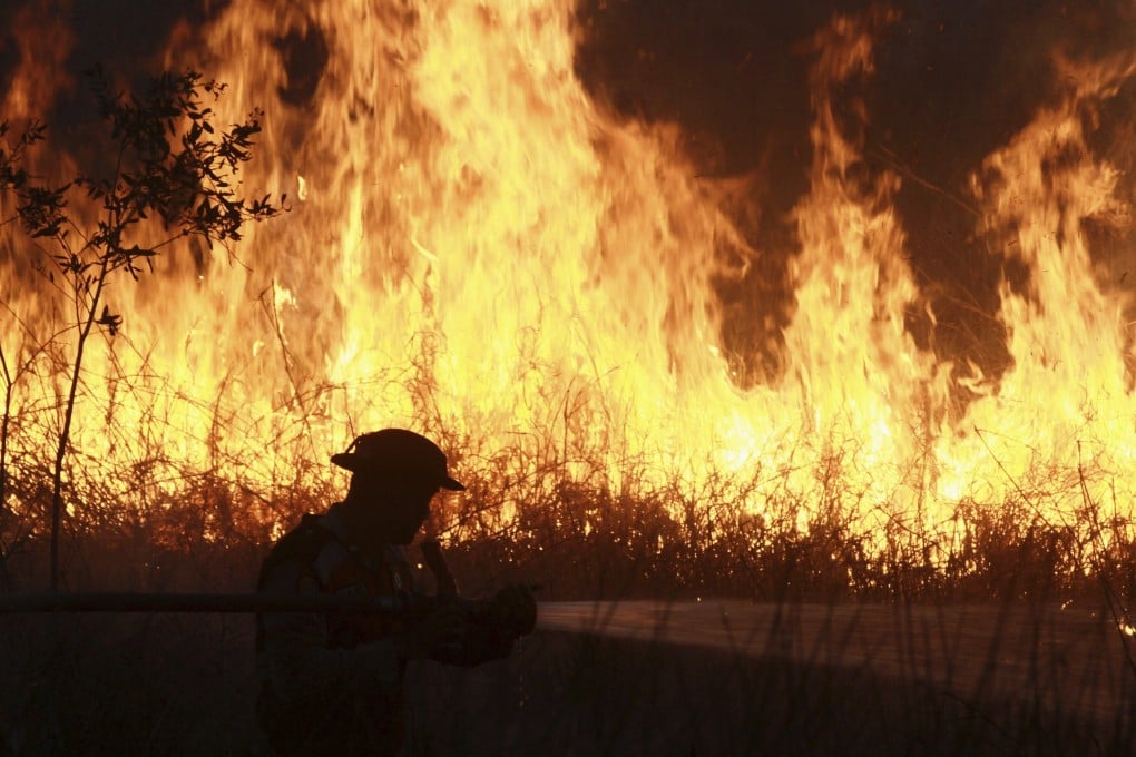 A police officer sprays water in a bid to extinguish a fire razing through a peatland field in Ogan Ilir, South Sumatra, Indonesia, in July last year. Photo: AP
