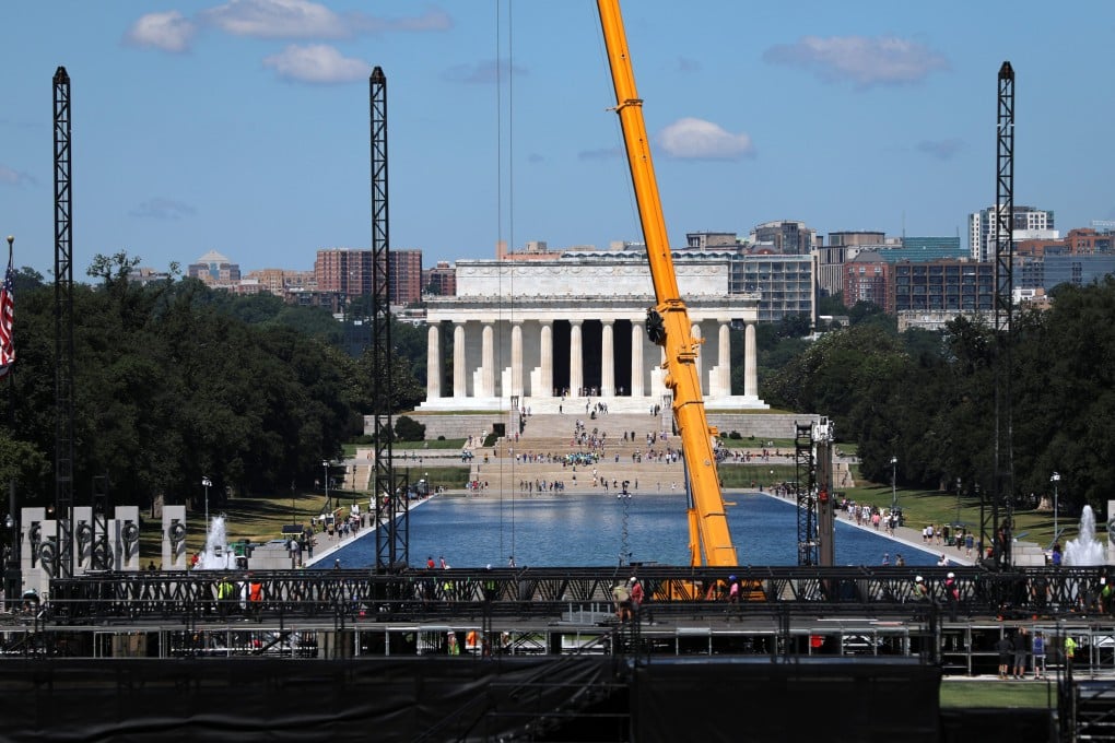 Work continues on the National Mall in Washington on Wednesday for the 250th anniversary celebrations. Photo: AP