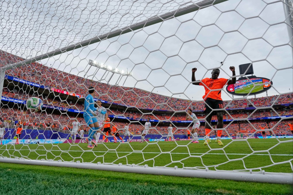 Netherlands’ Brian Brobbey celebrates after Ellyes Skhiri’s own goal. Photo: AP
