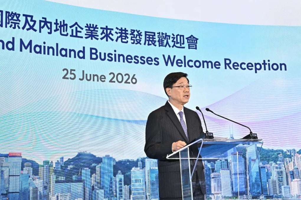 Hong Kong’s Chief Executive John Lee speaks at the annual InvestHK reception on Tuesday. Photo: Handout