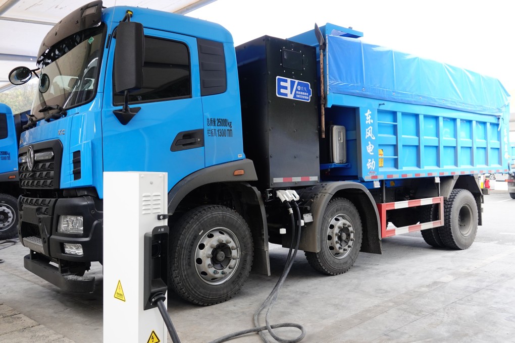 An electric truck charges at a supercharging station in China’s Hubei province. Photo: Getty Images