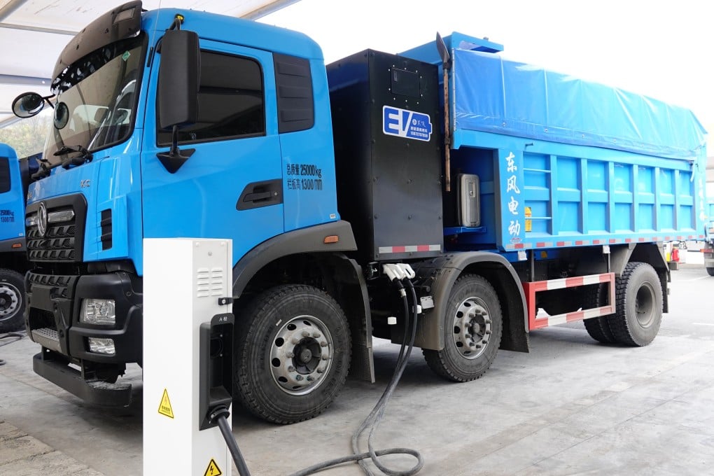 An electric truck charges at a supercharging station in China’s Hubei province. Photo: Getty Images