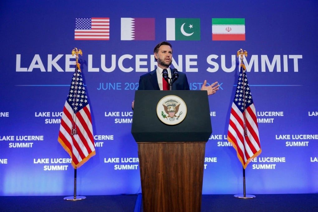 US Vice-President J.D. Vance speaks to reporters after talks at Lake Lucerne in Switzerland on Monday. Photo: Reuters