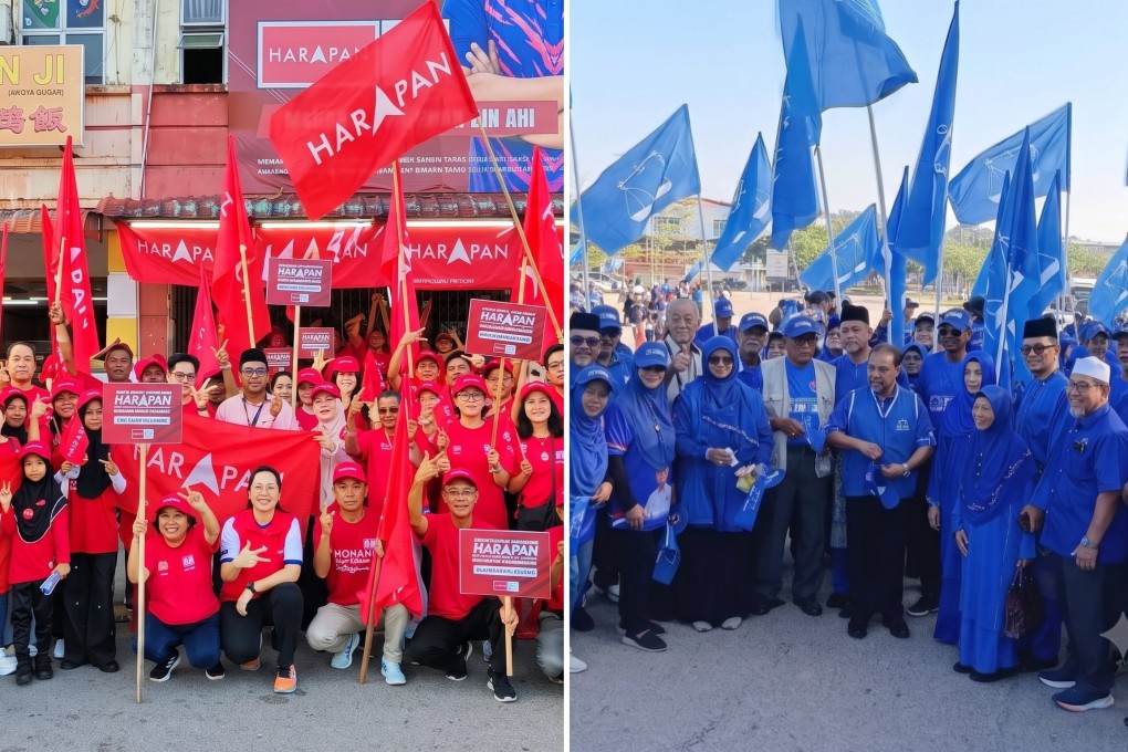 Pakatan Harapan supporters (left) and Barisan Nasional supporters (right) fly the flags of their respective coalitions during Johor state election nomination day in Malaysia on Saturday. Photos: Facebook