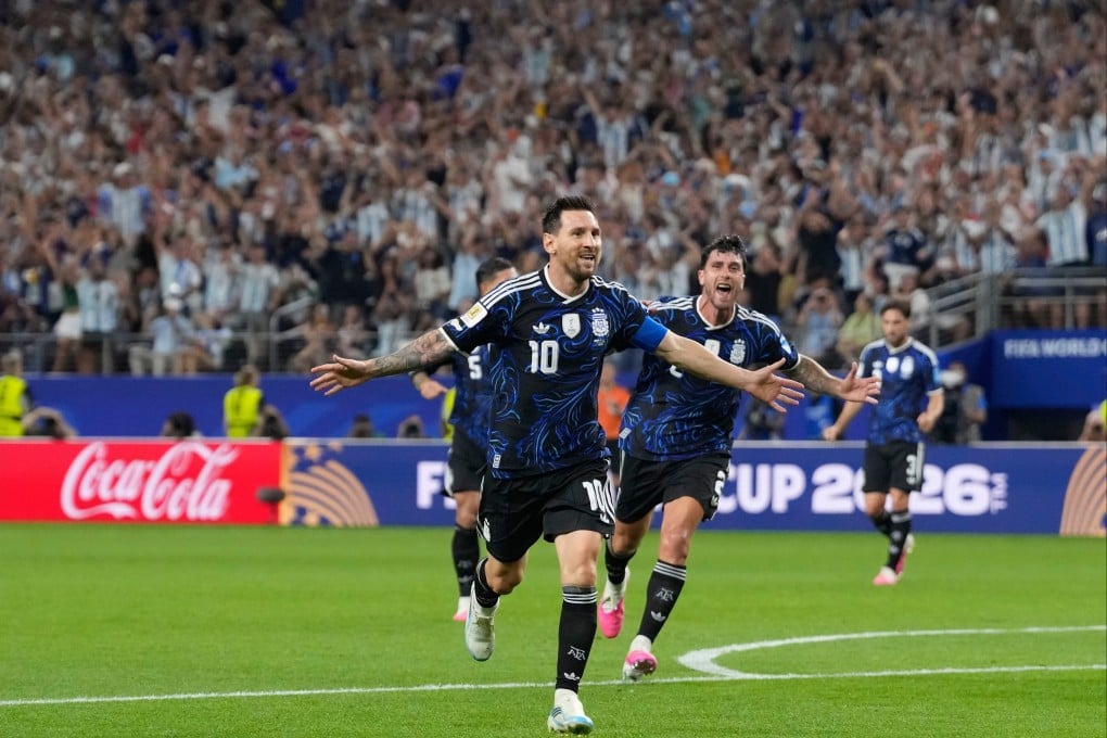 Lionel Messi celebrates scoring Argentina’s third against Jordan. Photo: AP