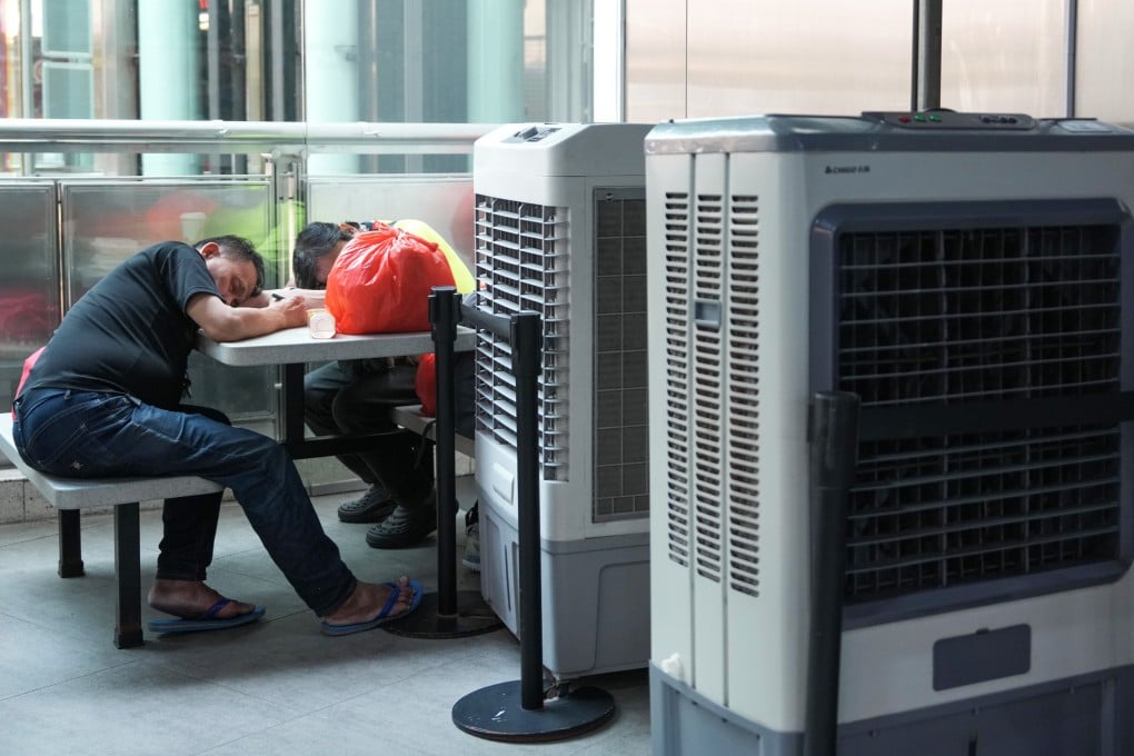 People sleep next to air-conditioning units in a shopping mall in Sham Shui Po, Hong Kong, on June 3. Photo: Sam Tsang