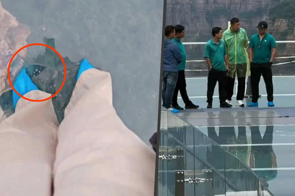 A teenager damaged a panel on a glass bridge at a tourist site in central China, raising concerns about the quality of the structure. Photo: SCMP composite/Douyin
