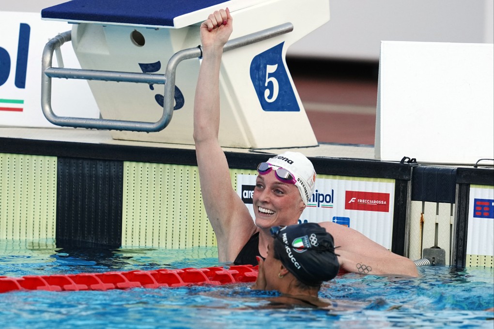 Marrit Steenbergen of the Netherlands celebrates after setting a world record in the women’s 100-metre freestyle at in Rome on Saturday. Photo: AP