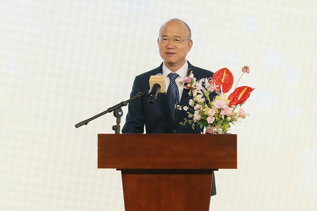 Fosun International chairman Guo Guangchang speaks Monday at the groundbreaking ceremony of a HK$10 billion residential project at the site of the Shaw Brothers studio in Clear Water Bay. Photo: Fosun