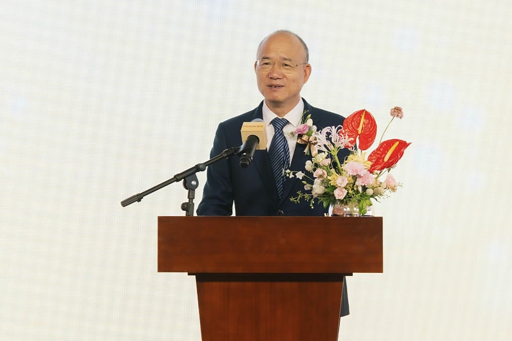 Fosun International chairman Guo Guangchang speaks Monday at the groundbreaking ceremony of a HK$10 billion residential project at the site of the Shaw Brothers studio in Clear Water Bay. Photo: Fosun