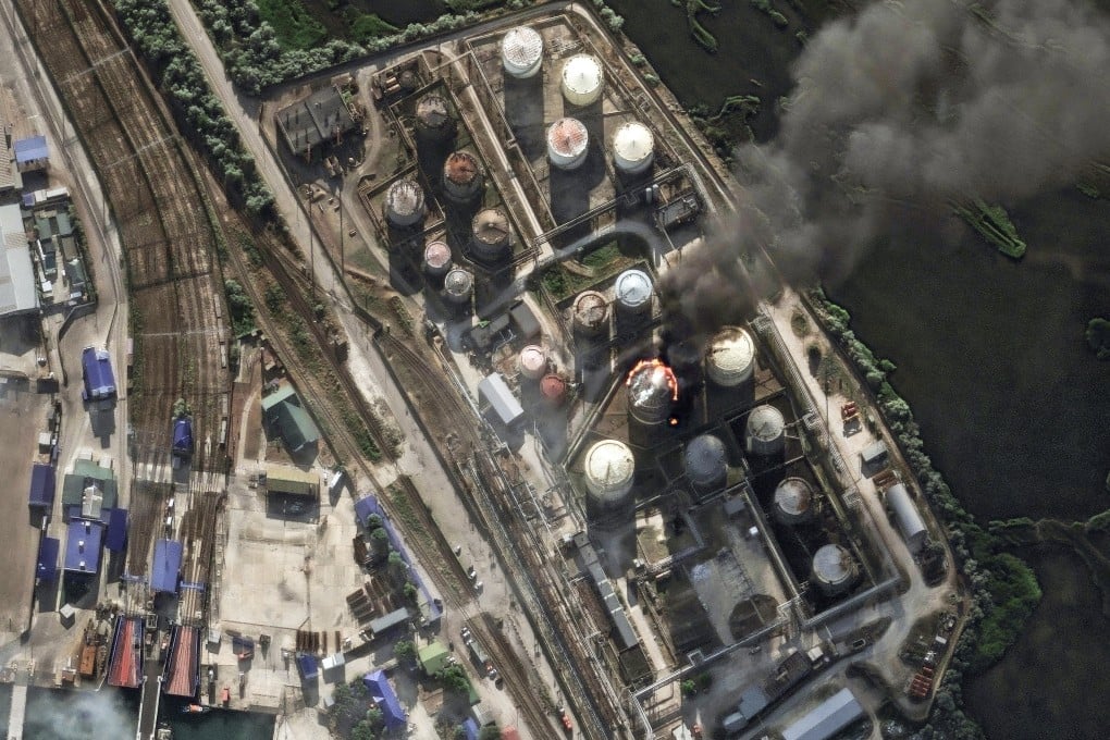 A satellite image shows smoke rising from an oil storage fire at Russia’s Kavkaz Port on June 21. Kyiv has stepped up its drone campaign inside Russia. Photo: Vantor via Reuters
