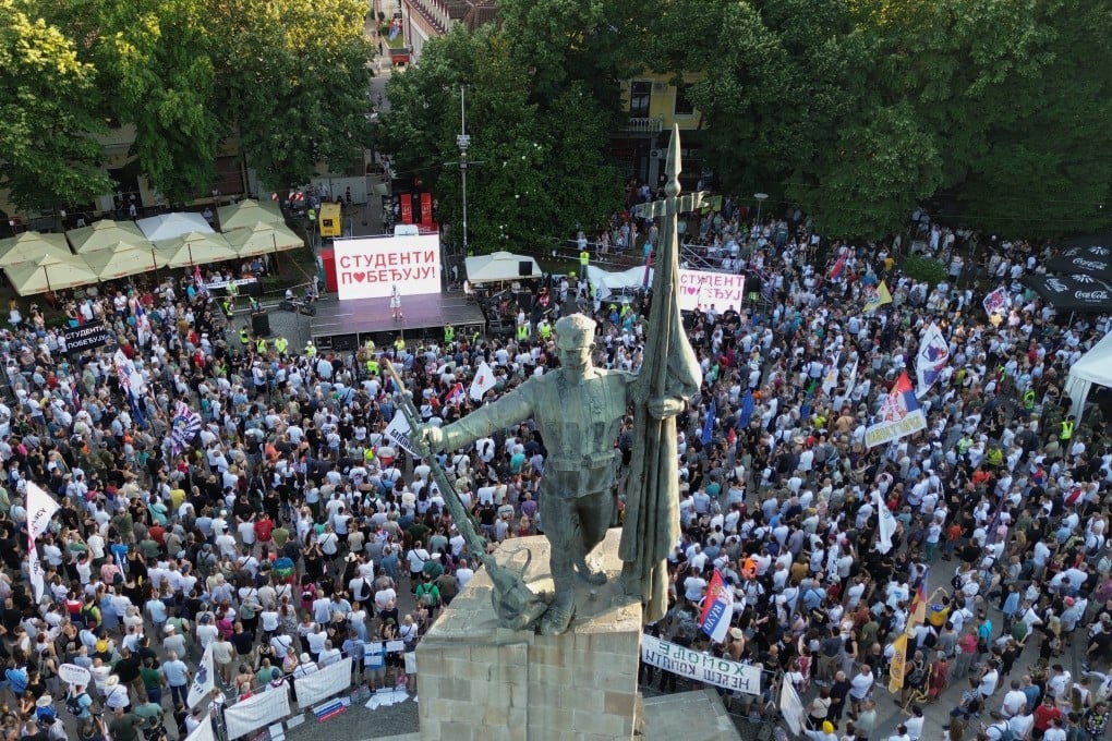 A drone picture shows people gathering for an anti-government protest in Kraljevo, Serbia on Sunday. Photo: Reuters