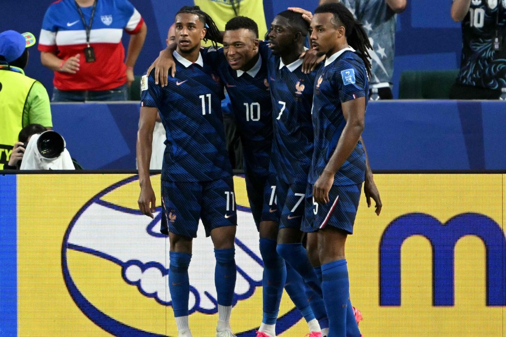 France’s forward line of (from left) Michael Olise, Kylian Mbappe and Ousmane Dembele celebrate a goal against Iraq with defender Jules Kounde in Philadelphia last week. Photo: AFP