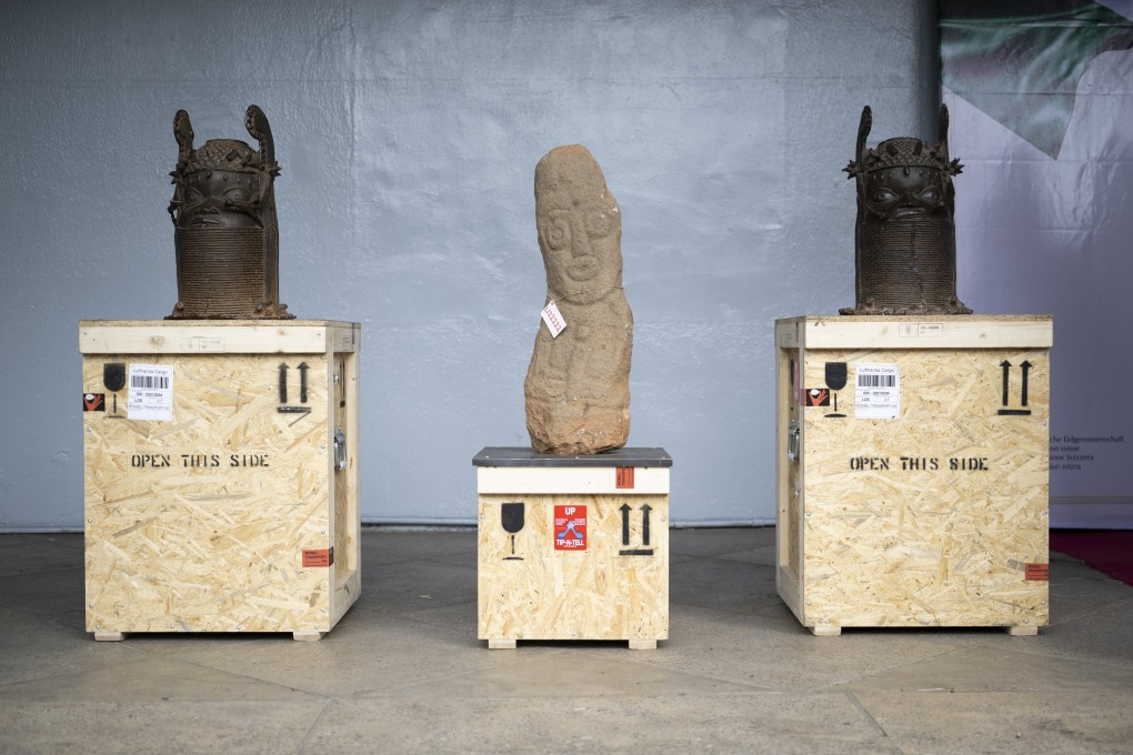 Commemorative heads of Oba Osemwende, returned by the Ethnographic Museum of the University of Zurich and Museum Rietberg, on display at the National Museum in Lagos, Nigeria on Monday. Photo: EPA