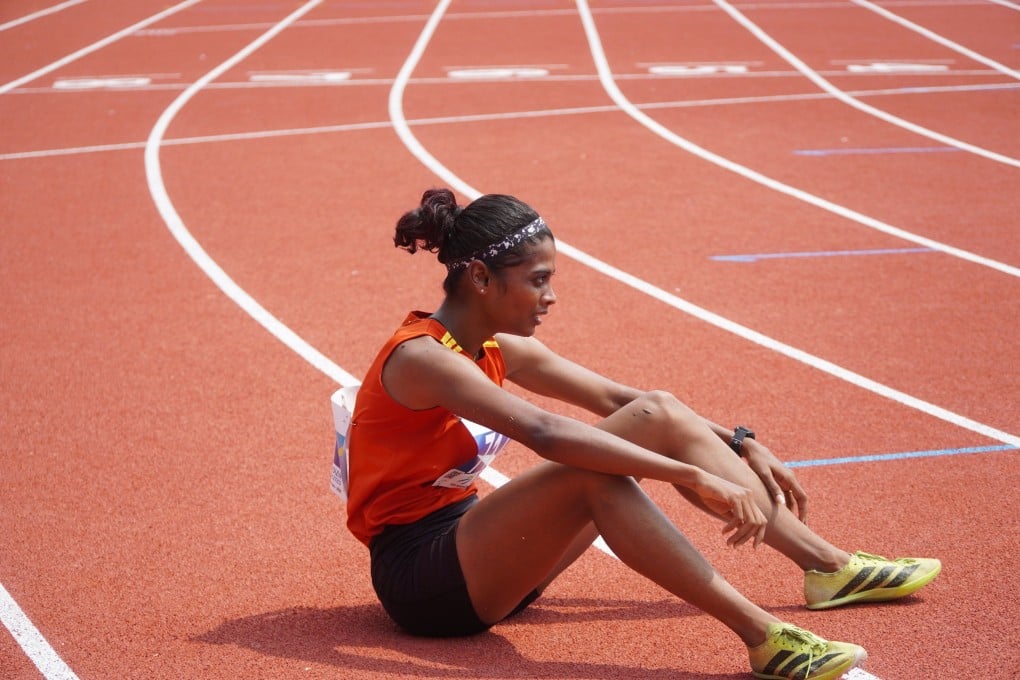 Harshita R after the 400m hurdles qualifying heat she had to run by herself. Photo: The Khel India