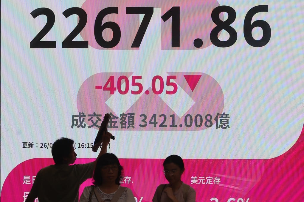 A worker cleans an electronic screen showing the Hang Seng Index in Central on June 26. Photo: Edmond So