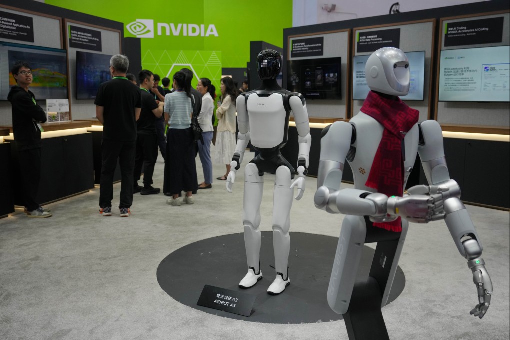 Visitors tour the Nvidia booth displaying humanoid robots at the China International Supply Chain Expo in Beijing on June 25, 2026. Photo: AP