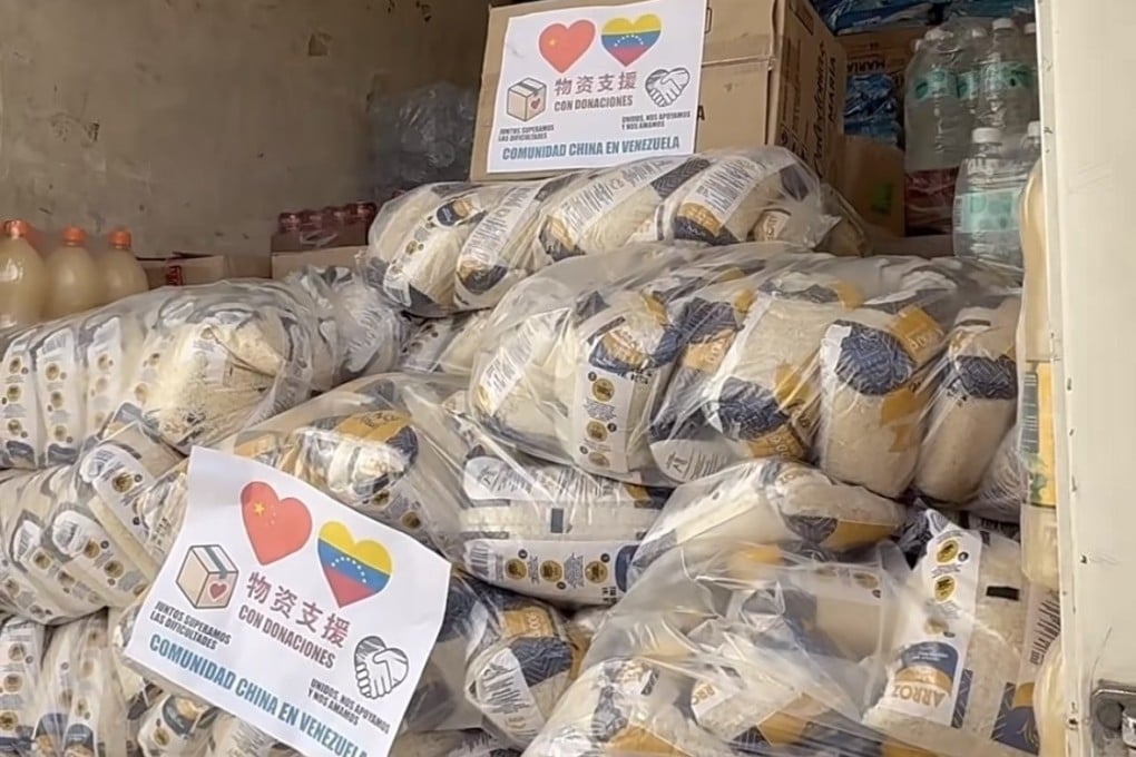 Relief supplies collected on Margarita Island await transport to earthquake-hit communities. Signs in Spanish and Chinese identify the donations as coming from Venezuela’s Chinese community. Photo: Handout