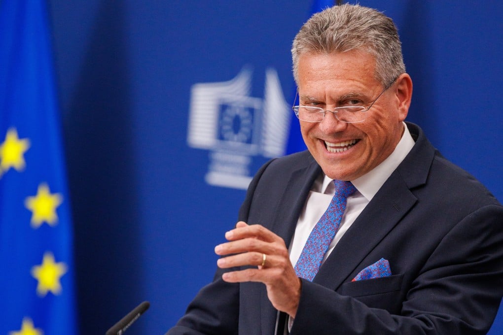 EU trade chief Maros Sefcovic speaks to the press following a meeting with Chinese Commerce Minister Wang Wentao in Brussels on Monday. Photo: EPA