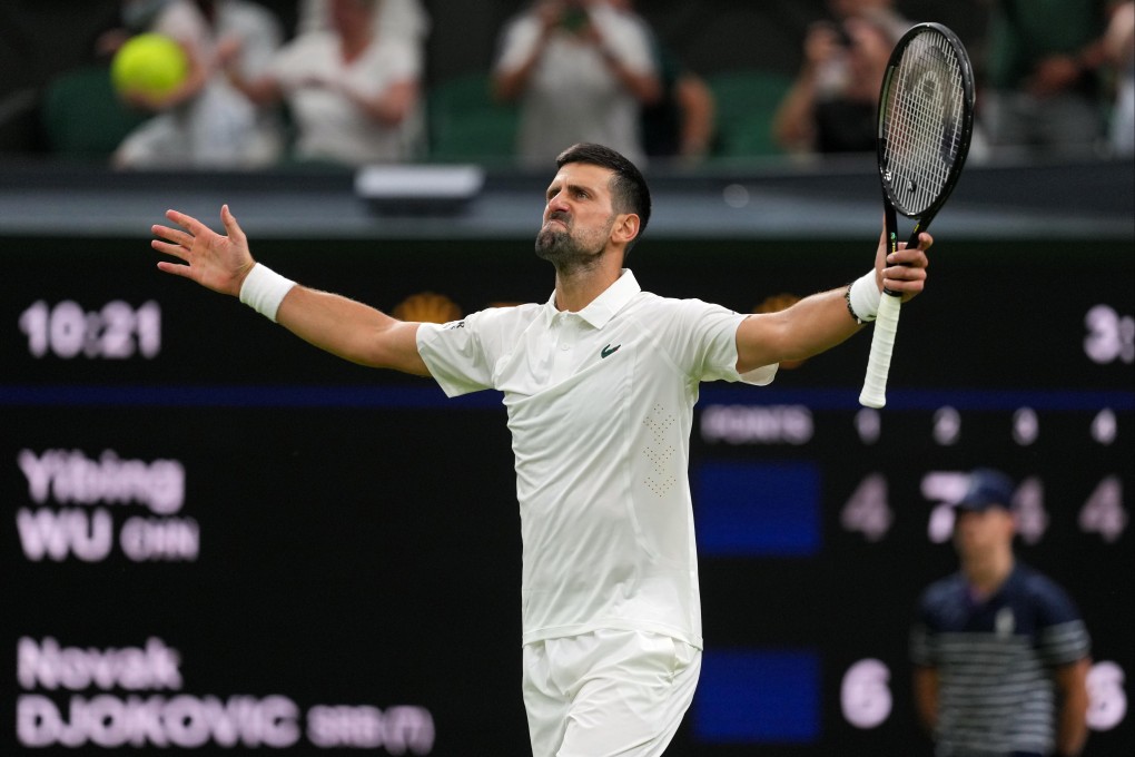 Novak Djokovic of Serbia celebrates winning the men’s singles match against Wu Yibing of China at the Wimbledon Tennis Championships in London on Monday. Photo: AP