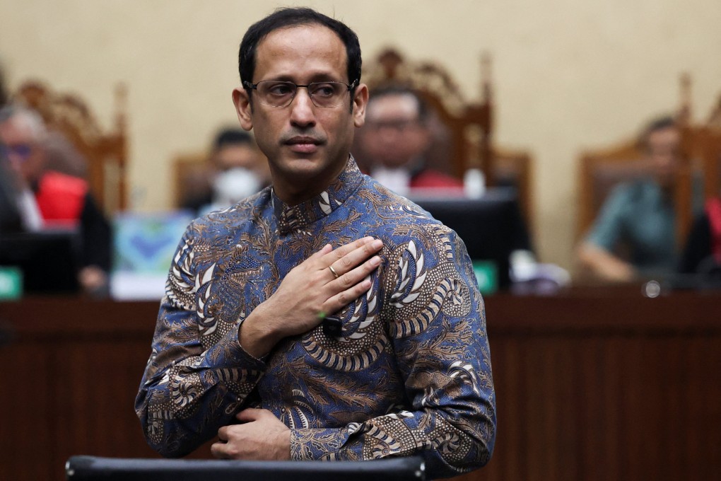 Nadiem Makarim, Indonesia’s former education minister and co-founder of ride-hailing firm Gojek,  at the Central Jakarta Court on Tuesday. Photo: Reuters