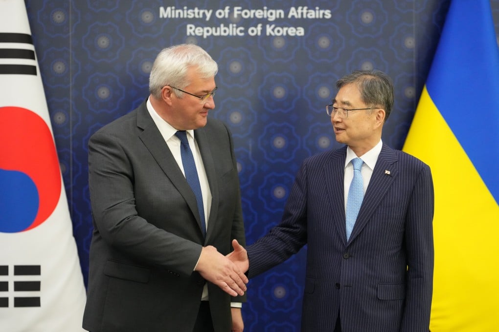 Ukraine’s Foreign Minister Andrii Sybiha (left) shakes hands with his South Korean counterpart Cho Hyun at the Ministry of Foreign Affairs in Seoul, South Korea, on Tuesday. Photo: EPA