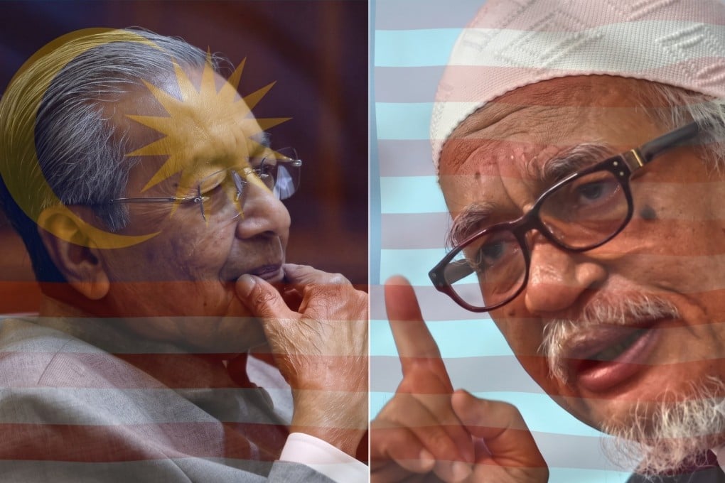 A combination photograph shows Malaysia’s former prime minister Mahathir Mohamad (left) and PAS chief Abdul Hadi Awang overlaid with a transparent Malaysian flag. Photos: Reuters, AFP