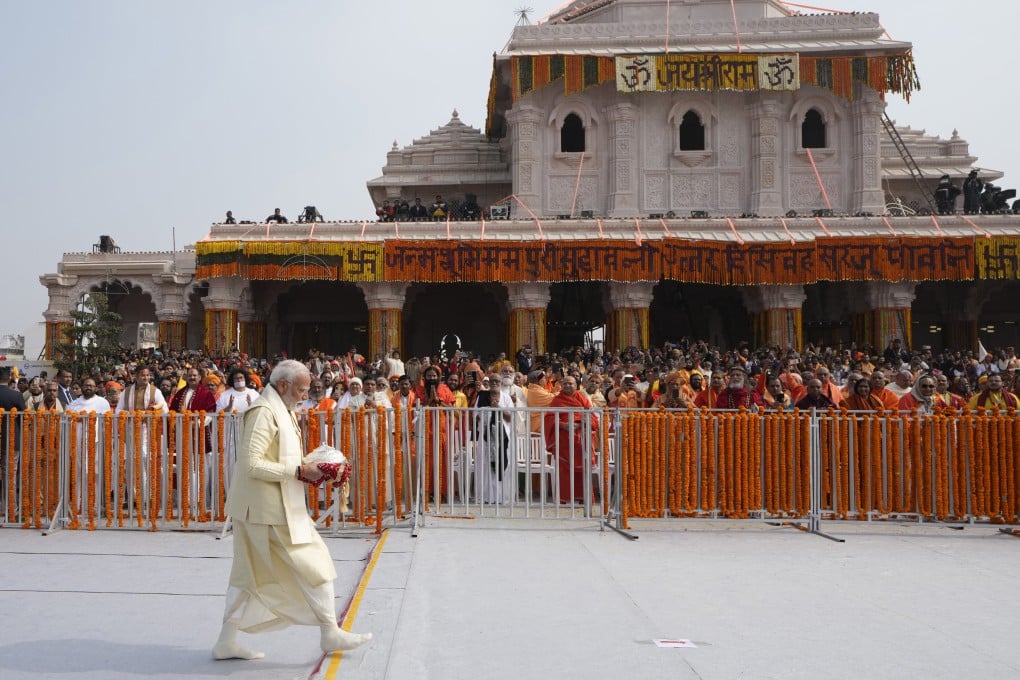 Indian Prime Minister Narendra Modi arrives to lead the opening of Ram Temple in Ayodhya on January 22, 2024. Photo: AP