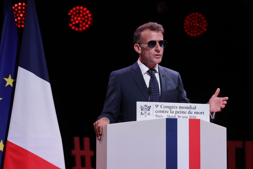French President Emmanuel Macron delivers a speech during the World Congress Against the Death Penalty in Paris, France on Tuesday. Photo: Pool via AP