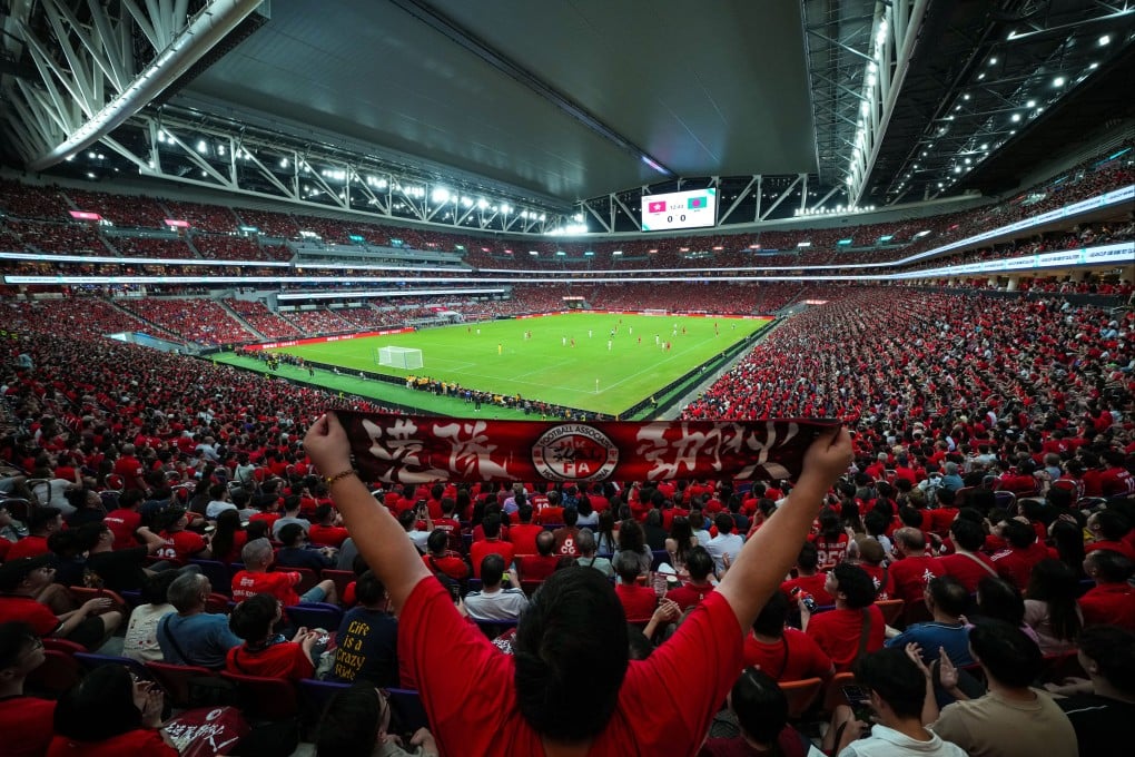Supporters cheer for Hong Kong team in the AFC Asian Cup Qualifiers match between Hong Kong and Bangladesh, held at Kai Tak Stadium, on October 14, 2025. Photo: Sam Tsang