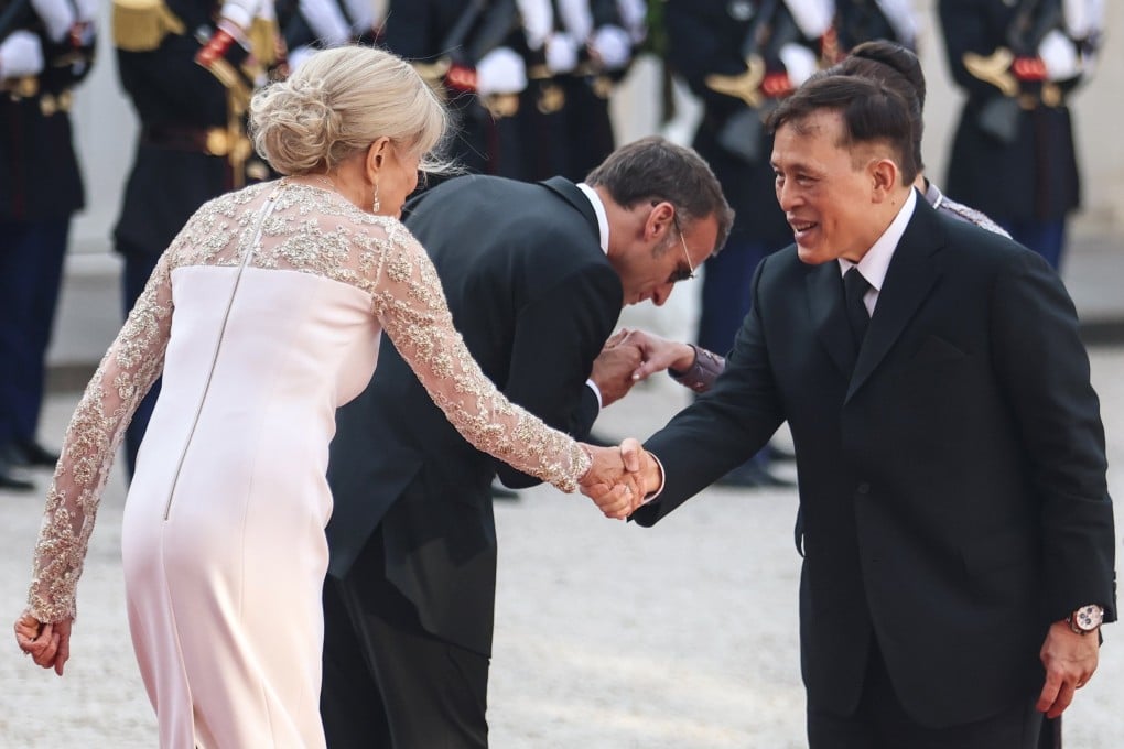 French President Emmanuel Macron (centre) and his wife (left) welcome Thailand’s King Maha Vajiralongkorn at the Elysee Palace in Paris on Monday. Photo: EPA