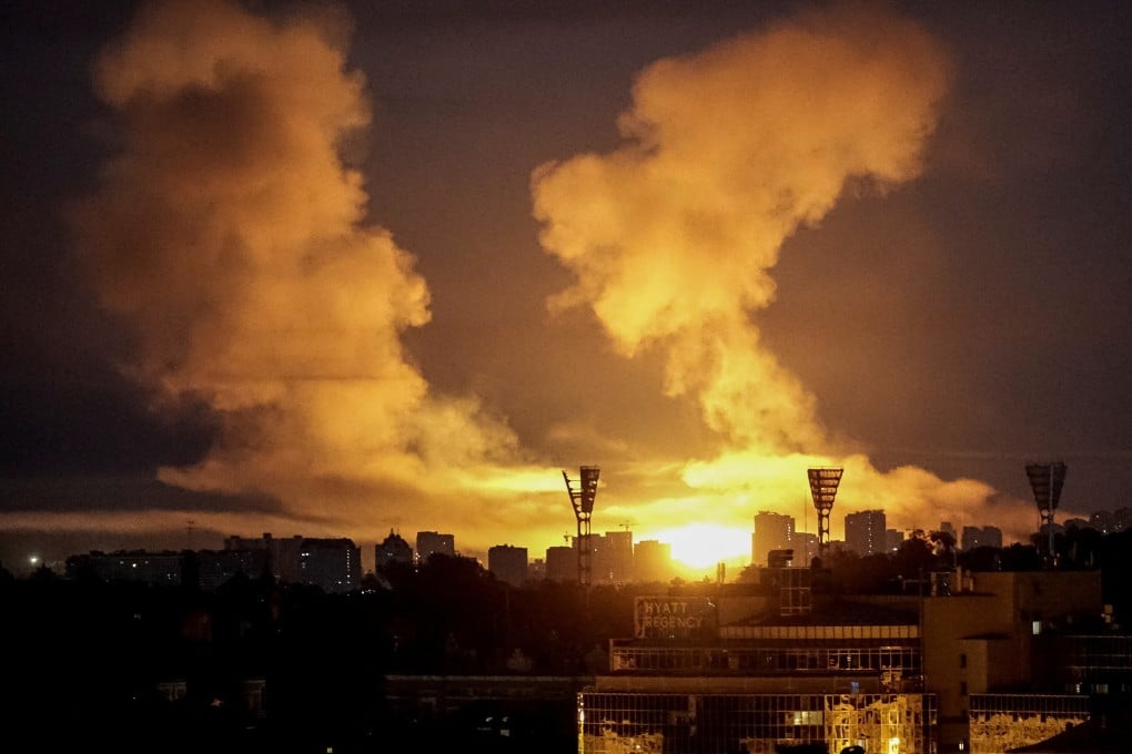 An explosion lights up the sky over Kyiv on Thursday during a Russian missile and drone strike amid its invasion of Ukraine. Photo: Reuters