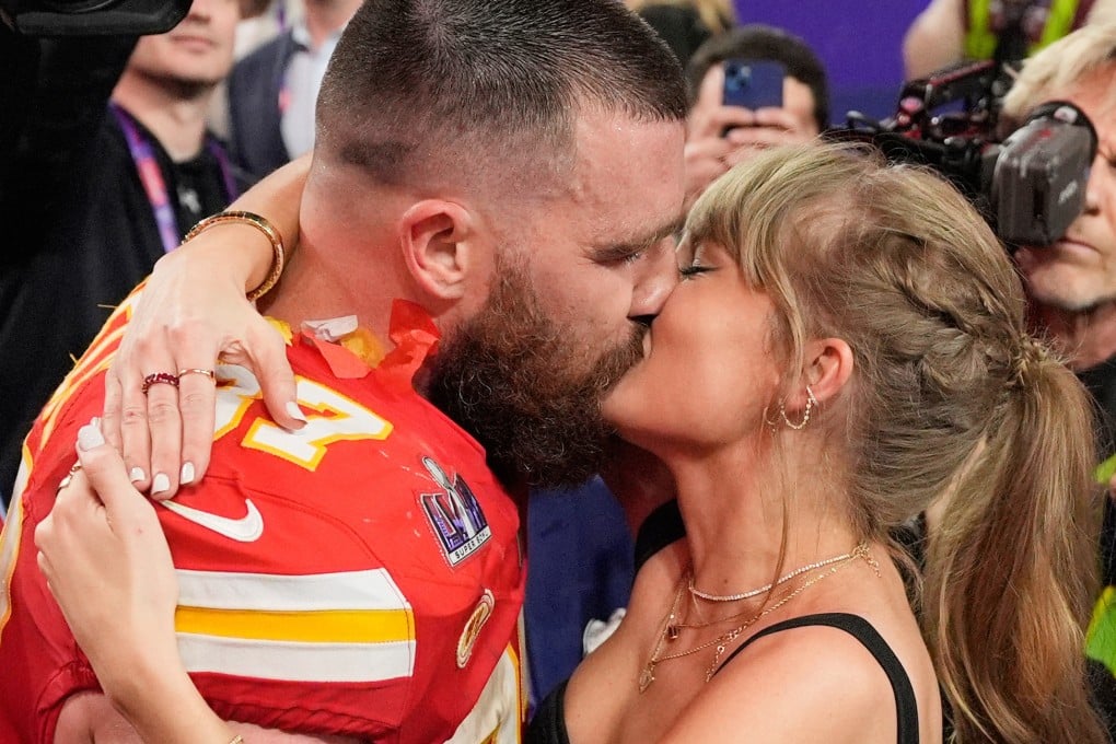Travis Kelce and Taylor Swift kiss after the Kansas City Chiefs defeat the San Francisco 49ers in Las Vegas in February 2024. Photo: AP